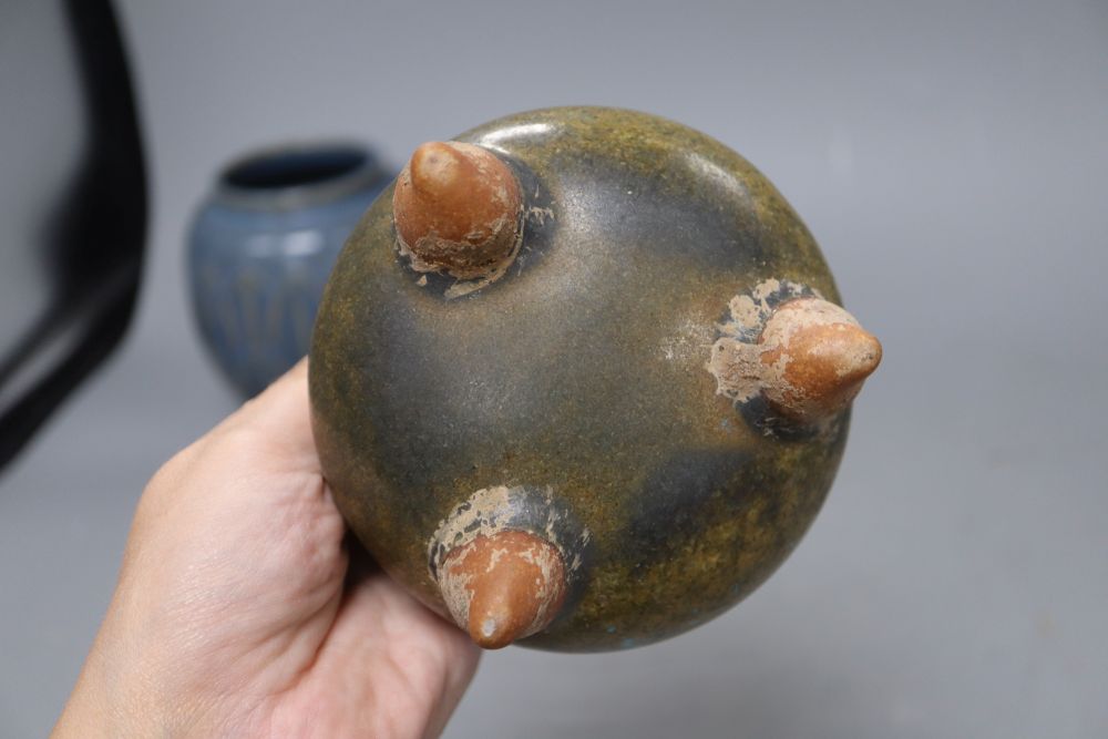 A Chinese Jun type jar, a similar censer, a hu vase and a yellow glazed bowl